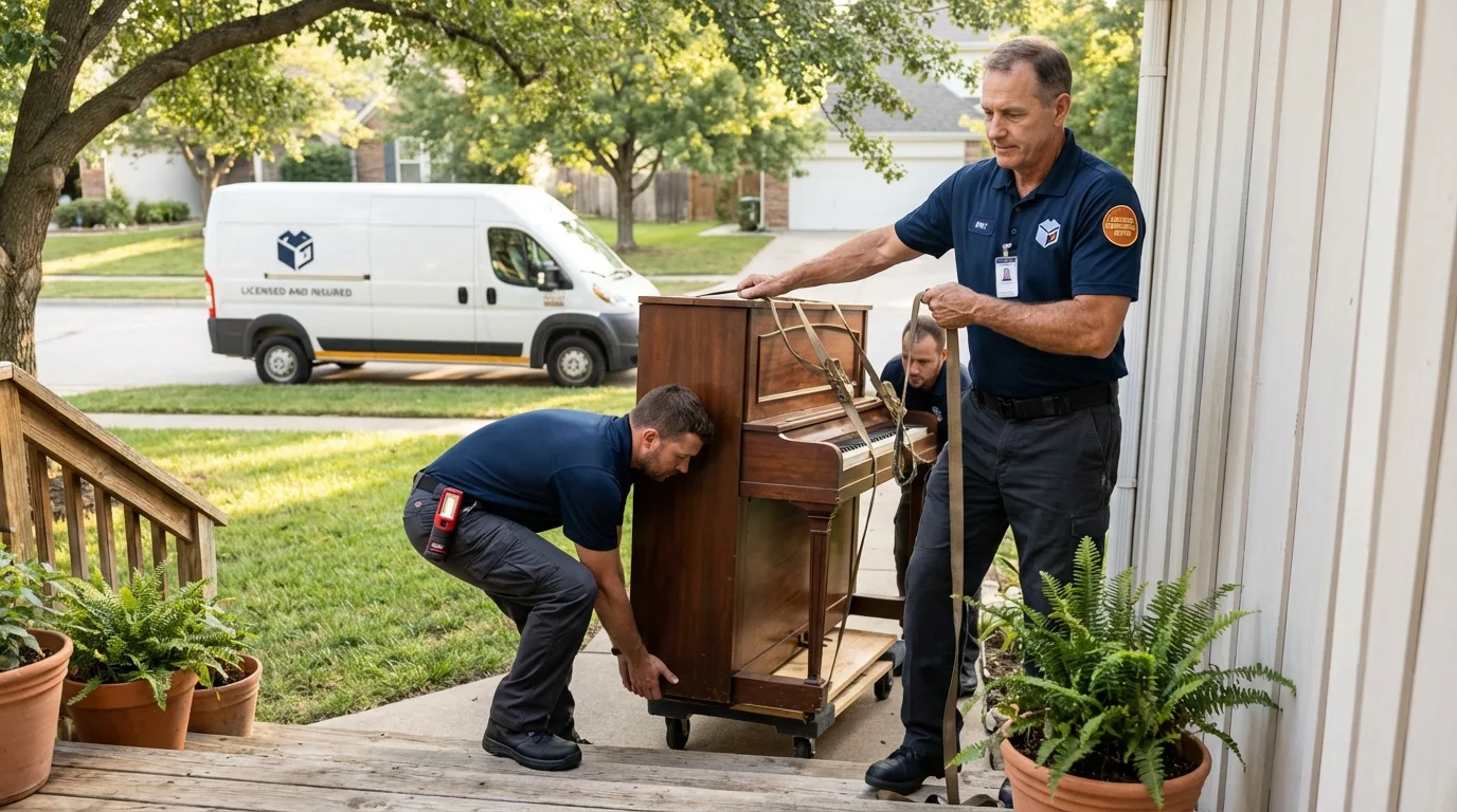 Licensed piano movers securing grand piano in Dixon, IL